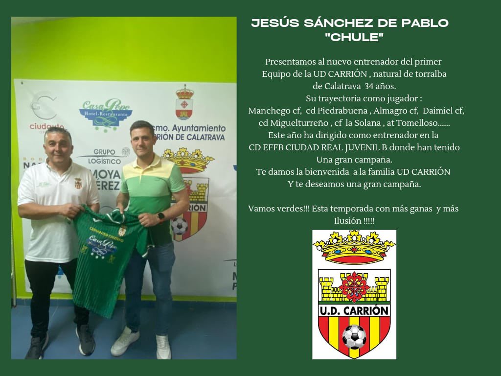 elprimerfichaje's tweet photo. 🔴 OFICIAL - UD CARRION 🔴

✍️ Nuevo entrenador - @Chule_90 

La @udcarrion hace oficial el fichaje de Jesús Sánchez de Pablo “Chule” para dirigir al equipo durante la temporada 2024/25

#Carrion #PreferenteCLM https://t.co/q2XVsHZLQB