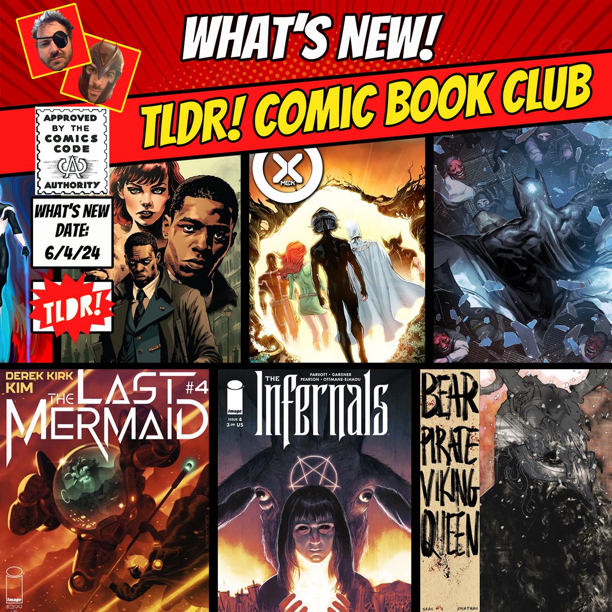 Later today on IG Live &amp; YouTube 
“What’s New” where Doc &amp; FryGuy take a look at all the kick ass books dropping this week for #newcomicbookday at your local comic book shop. 

Cover art By: 
1. X-Men 35: <a href="/DaveMarquez/">David Marquez</a> 
2. The Infernals 4: <a href="/JohnJPearson/">John J. Pearson</a> 
3. Bear Pirate Viking