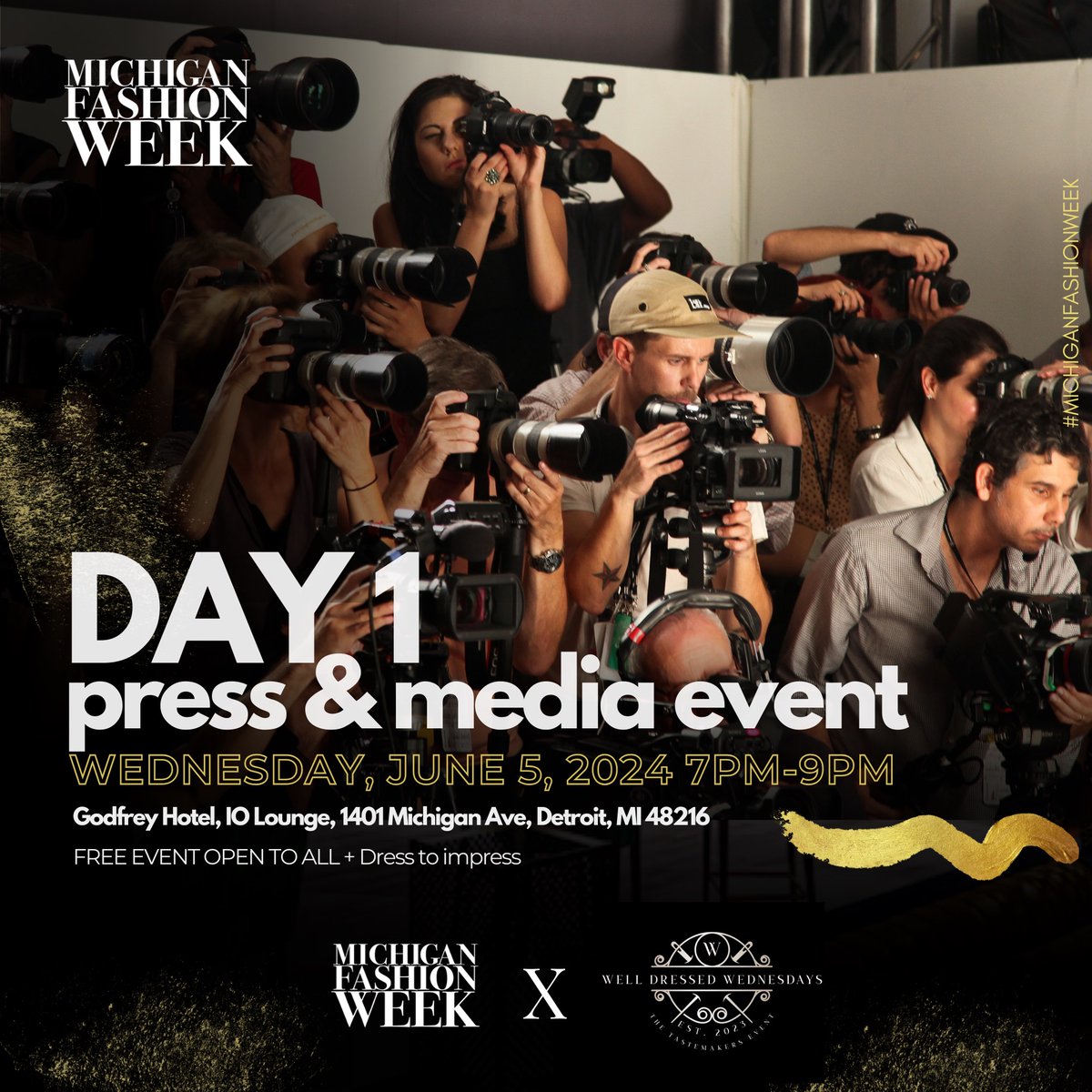 MIFashionWeek's tweet photo. Michigan Fashion Week Starts tomorrow! We're starting off with our Press &amp; Media Event at the Godfrey Hotel, IO Lounge from 7 PM - 9 PM.

*This is a FREE event, open to all! Don't forget to Dress to Impress! 💃

📍1401 Michigan Ave, Detroit, MI 48216 https://t.co/SF2RkxPev7