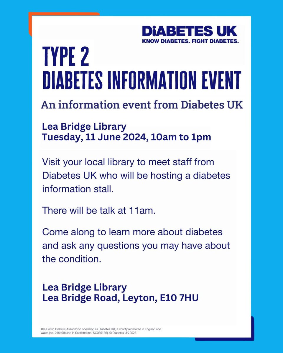 SECandLondon's tweet photo. 📚NEXT WEEK📚 Diabetes UK is returning to #WalthamForest for two type 2 information events in a pair of local libraries.

Visit our stalls at the #LeaBridge and #WoodStreet libraries from 10am.

See posters for details!

#diabetes #type2diabetes #t2d https://t.co/iivfKEVEv4