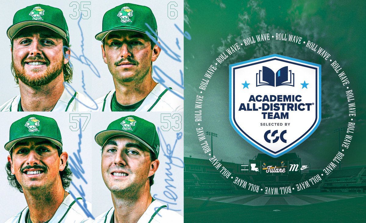 𝘽𝙞𝙜 𝘽𝙧𝙖𝙞𝙣 𝙒𝙖𝙫𝙚 🧠

Congrats to CB, Cline, JBob and Shuff on earning Academic All-District Team honors, selected by <a href="/CollSportsComm/">College Sports Communicators</a>, for their work on the field &amp; in the classroom.

#RollWave 🌊⚾️