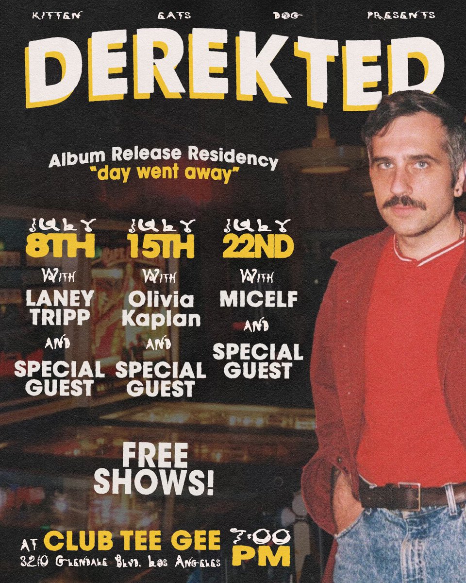 stoked 2 announce my new record “day went away” comes out august 2nd &amp; to celebrate i’m playing 3 rare full band FREE headlining sets in LA at <a href="/ClubTeeGeeLA/">TeeGee</a>.there will be magic opening sets each night and super secret special guests. this summer is gonna be lit. more music soon&lt;3