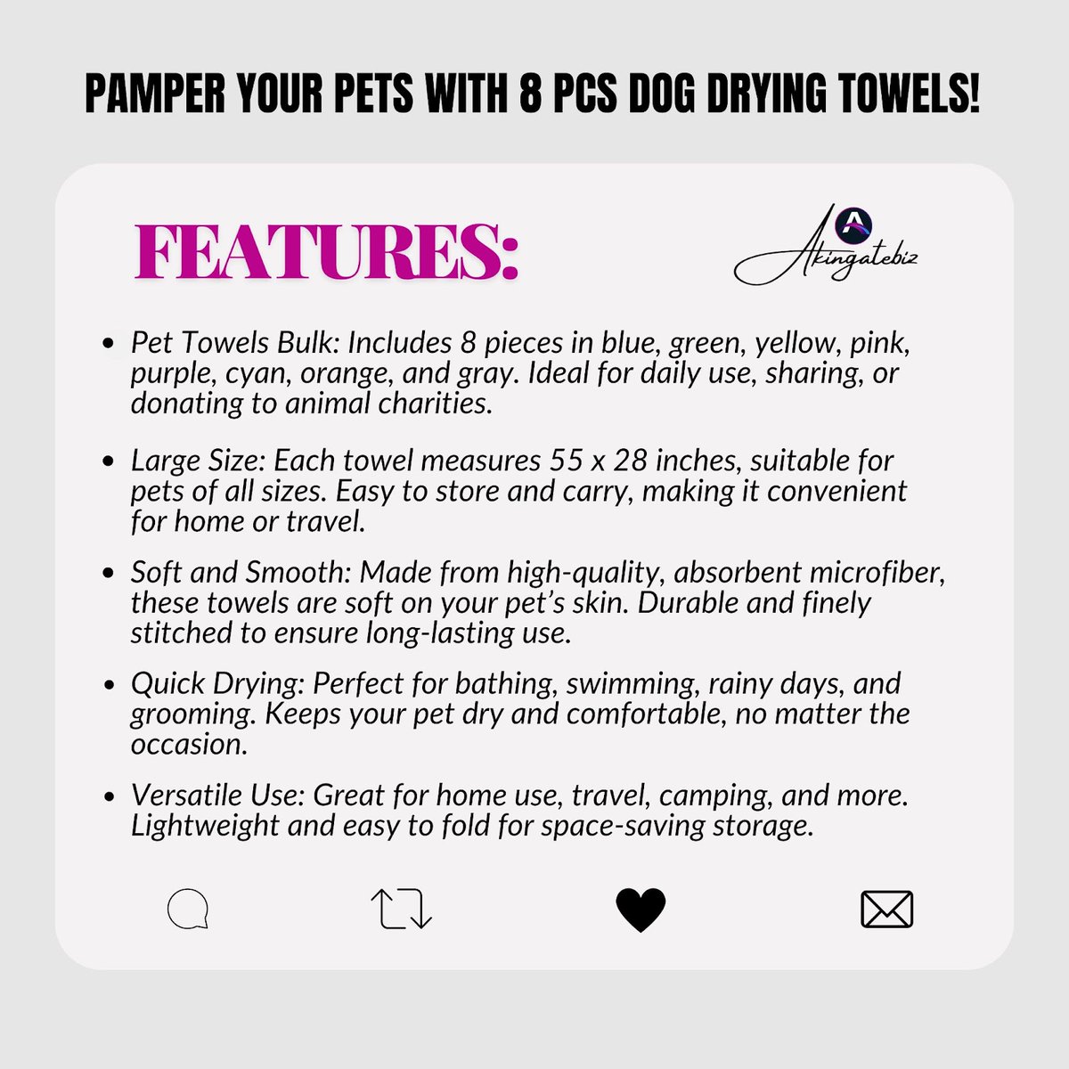 Akingatebiz's tweet image. Make bath time a breeze with our colorful and absorbent dog drying towels. 

Keep your pets clean, dry, and happy with our colorful dog drying towels! 🐾🛁

akingatebiz.com/product/8-pcs-… 
.
#PetTowels #DogBathTime #QuickDrying #PetGrooming