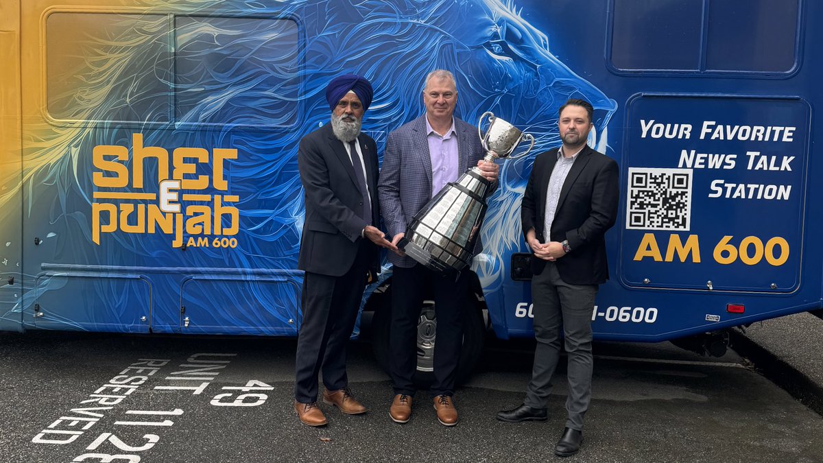 GreyCupFestival's tweet photo. Thank you @SherEPunjab600 for hosting @CFL Commissioner @RandyAmbrosie and Executive Director of the Grey Cup Festival Riley Wiwchar this morning 🏆✨ 

We had lots of fun on the show!

Tickets for the #GreyCup go on sale at 2 p.m PT/5 p.m. ET 🎟️ https://t.co/zscnwenNfs

#CoupeGrey #CFL #BCLions