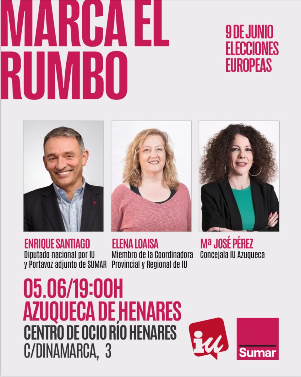 Mañana miércoles acogemos el Acto Central de campaña por Sumar en la provincia de Guadalajara.

🗓️ Miércoles 5 de junio
📍 Centro de Ocio Río Henares
🕖 19:00H 
🗣️ <a href="/Marijose_PS/">María José Pérez Salazar 🔻</a> <a href="/EnriqueSantiago/">Enrique Santiago</a> 

#MarcaElRumbo #9JunioEleccionesEU