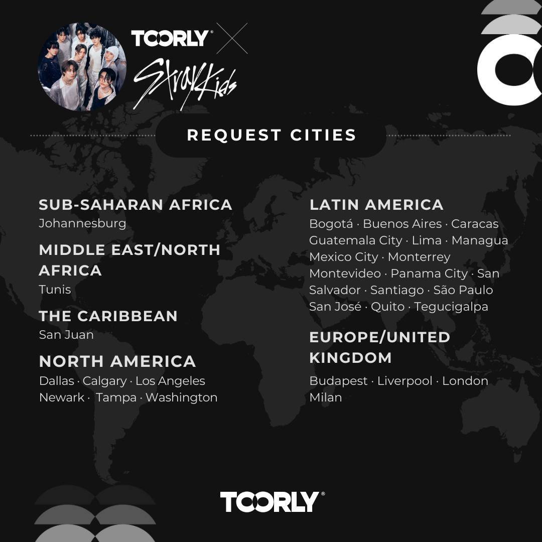 #StrayKids fanbase is growing all over the world 🌎 STAYs are eager to see them come to Latin America with over 13K Requests from all over the region 💪🏾  Hard work pays off SKZ will take notice #RequestOnTOORLY

Your city has a chance too! Keep requesting if you want to see them