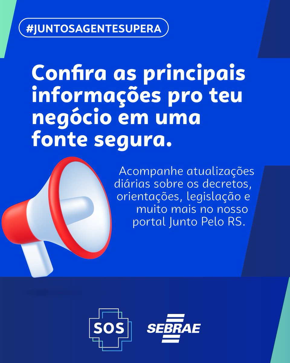 Nesse momento desafiador que o RS está passando, pode contar com a gente.
​
No nosso portal de informações tem notícias verificadas, orientações sobre acesso a crédito e mais.

📲 Acessa o link e confere: sebrae.rs/juntospelors

#SebraeRS #JuntosPeloRS #JuntosAGenteSupera