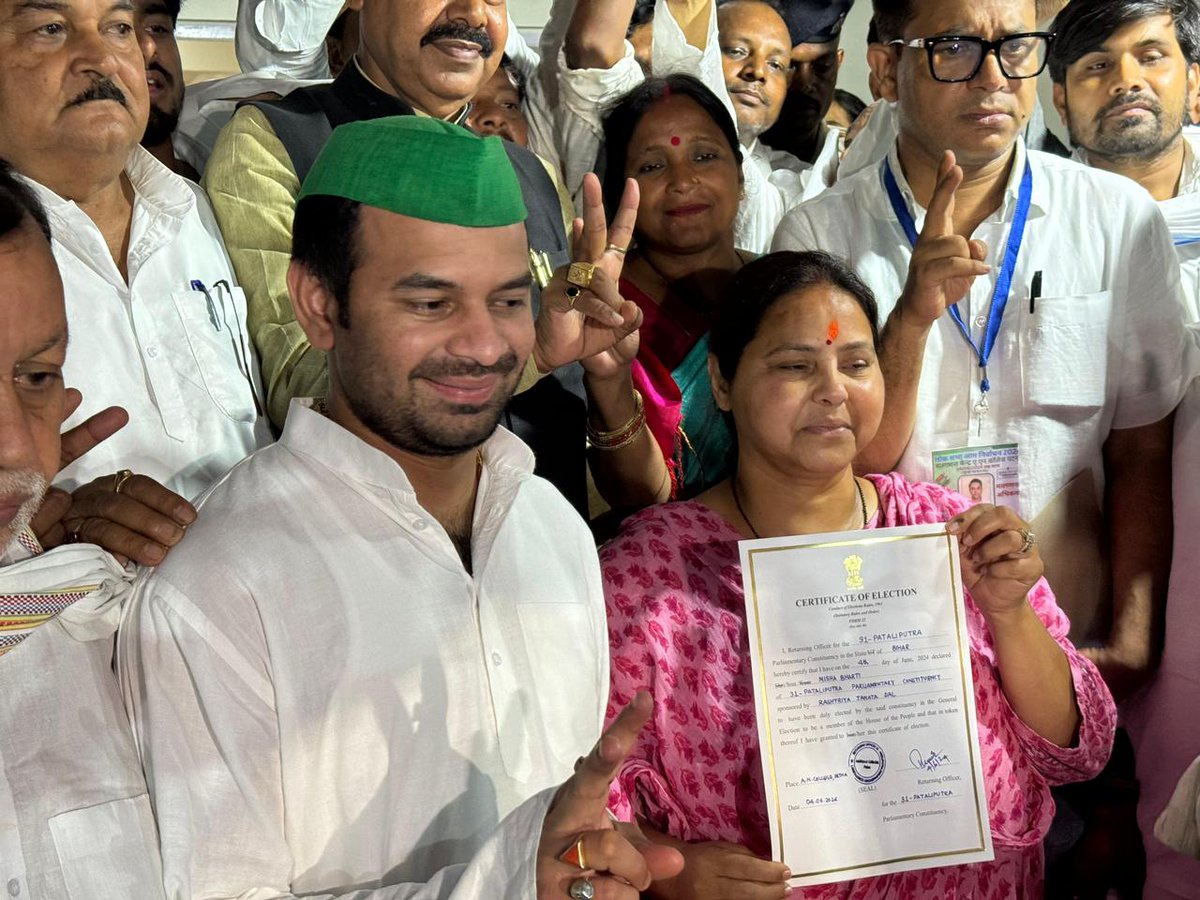 Bihar | RJD leader Misa Bharti wins from Patliputra Lok Sabha constituency and receives her winning certificate (Pic source: RJD)