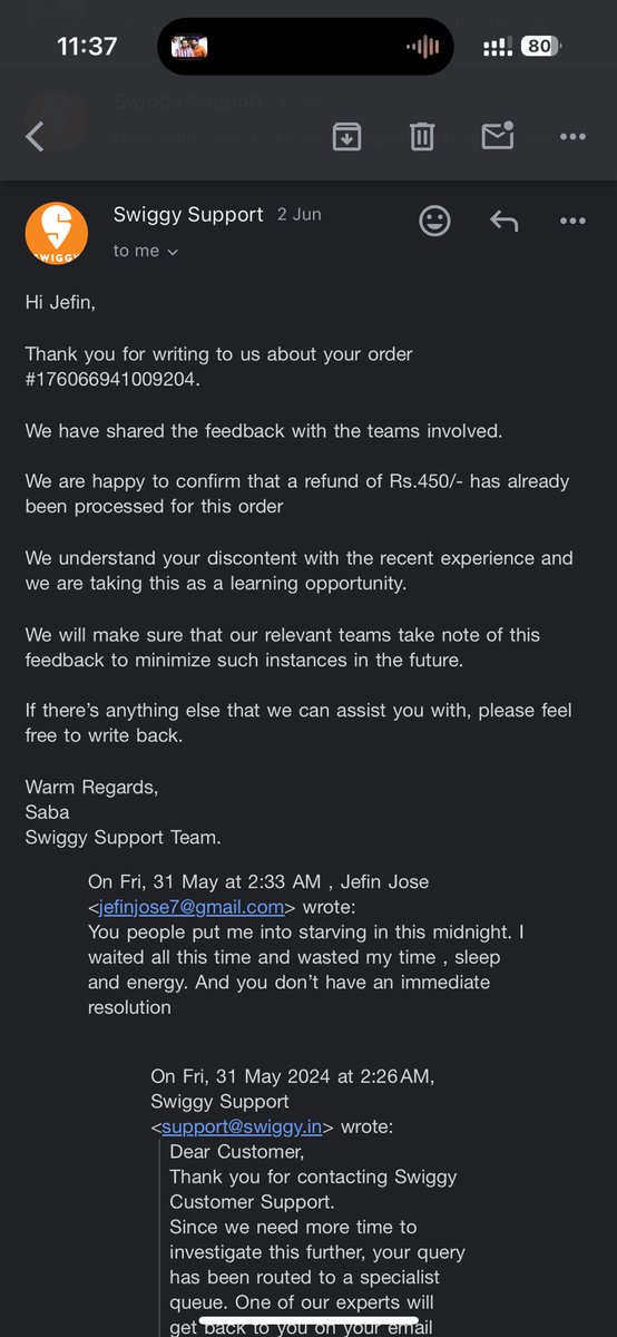 JefinArchitect's tweet photo. In the midnight waited for 2 and half hours for the food at 2.30am and contacted a customer care Exicutive regarding the long delay and he immediately cancelled my order! 
Informed this bad incident to Swiggy and this was there response. @Swiggy @SwiggyCares #swiggy https://t.co/8rTnvjMVk9