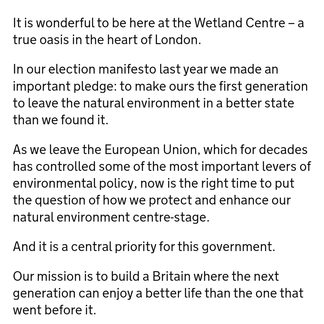 juleslhoward's tweet photo. The environment and wildlife conservation probably won't get a mention in tonight's #itvelection #sunakvsstarmer TV debate, but if I were there I would ask what happened to Theresa May's big 2018 announcement on The Environment. The one to counter Cameron's "cut the green crap" sentiments. The one where she promised a government that would leave the environment in a better state than when they found it. Look at the state of this speech, t Barnes Wetland Centre. Imagine having had faith in this lot back then. Actually *believing* the Tories wanted to achieve this. (I didn't, obvs). Extraordinary, really.