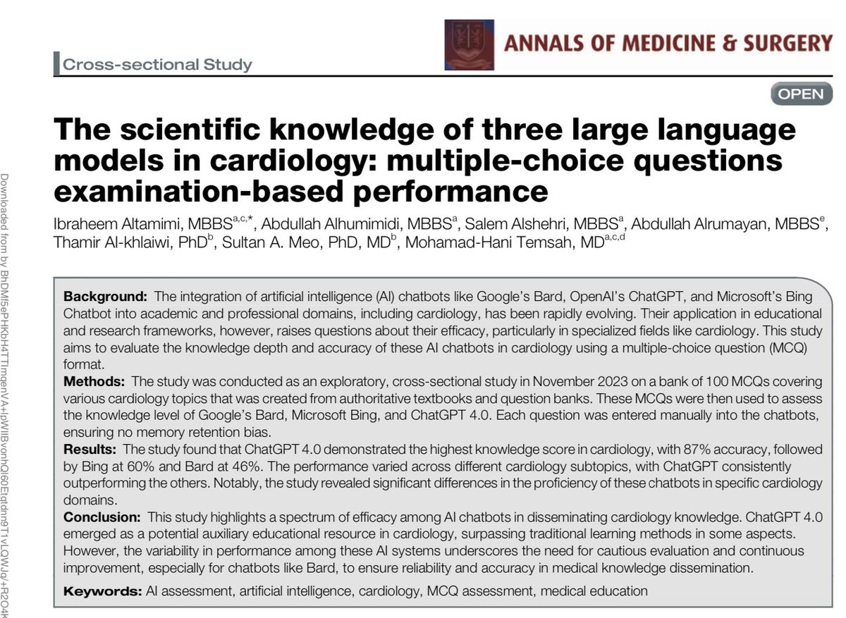 ولله الحمد تم نشر اخر دراساتنا العلمية عن اداء اشهر ادوات الذكاء الاصطناعي في الاجابة عن اسئلة تتعلق بطب القلب 🫀🤖

شكرا للفريق البحثي على كافة مجهوداتهم في هذه الدراسة 📝

<a href="/zxashzx/">Dr.ash</a> <a href="/afer2k1/">Abdullah | عبدالله</a> <a href="/salalshihri/">سالم الشهري</a> 
<a href="/HaniTemsah_PICU/">Hani Temsah</a> الدكتور ثامر الخليوي 🎉🎉🎊

journals.lww.com/annals-of-medi…