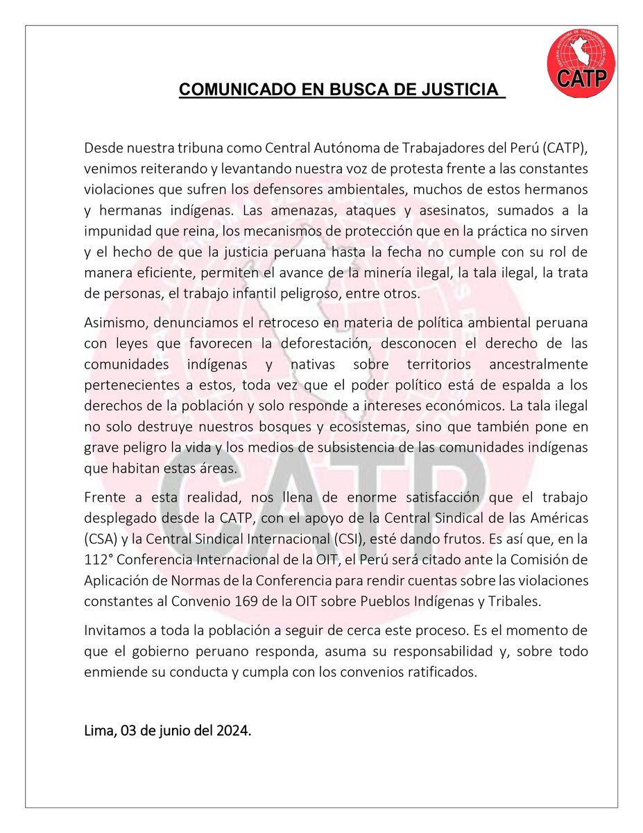 catpperu's tweet photo. 📢Desde la @CATP_PE denunciamos las violaciones a defensores ambientales e indígenas: amenazas, ataques y asesinatos que permiten minería y tala ilegal, trata de personas y trabajo infantil. Exigimos que el gobierno asuma su responsabilidad y cumpla con el Convenio 169 de la OIT. 
#JusticiaparaSaweto
#DefensoresAmbientales 
#EdwinChotaPresente
