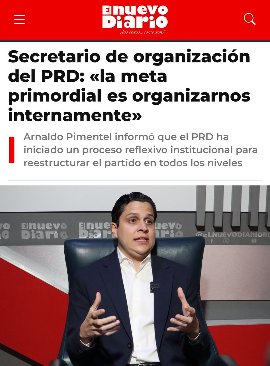 pimentelprm's tweet photo. El secretario de organización del @miprd, Ramón Arnaldo Pimentel (@ramonpimentelrd), sostuvo que la meta inmediata del partido es la organización interna y fortalecer sus estructuras. ⬇️ Ver entrevista completa @elnuevodiariord ⬇️

https://t.co/JhDW0YV7AY

#PRD https://t.co/fp1bOq5vIQ