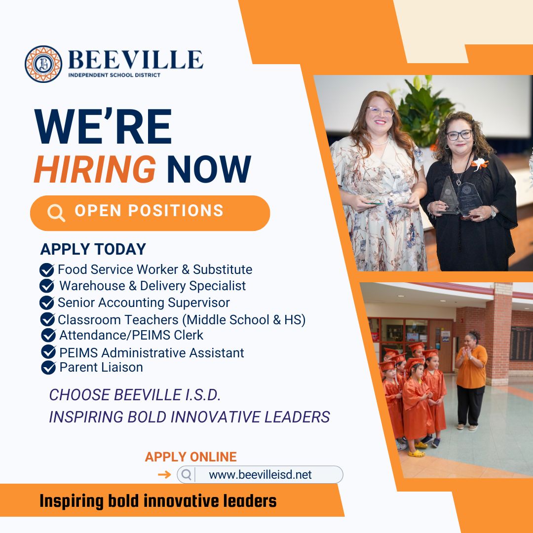 We're HIRING NOW.  Take a look at all open positions, and apply online today.

APPLY NOW: applitrack.com/beevilleisd/on…

#BEEtheKICK #WeAreBISD #GoTrojans #txed