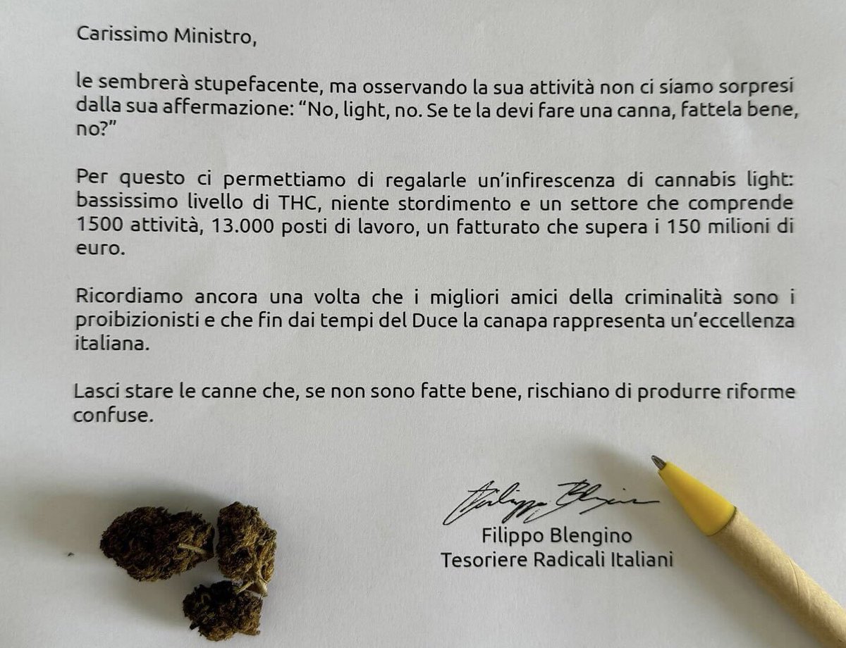 Ultimora.net - POLITICS (@ultimora_pol) on Twitter photo Oggi i #Radicali hanno inviato al Ministro dell’Agricoltura Francesco #Lollobrigida (#FdI) un’infiorescenza di cannabis light: “lasci stare le canne, che se non sono fatte bene rischiano di produrre riforme confuse”. (Open)
<a href="/ultimora_pol/">Ultimora.net - POLITICS</a> Oggi i #Radicali hanno inviato al Ministro dell’Agricoltura Francesco #Lollobrigida (#FdI) un’infiorescenza di cannabis light: “lasci stare le canne, che se non sono fatte bene rischiano di produrre riforme confuse”. (Open)
<a href="/ultimora_pol/">Ultimora.net - POLITICS</a>