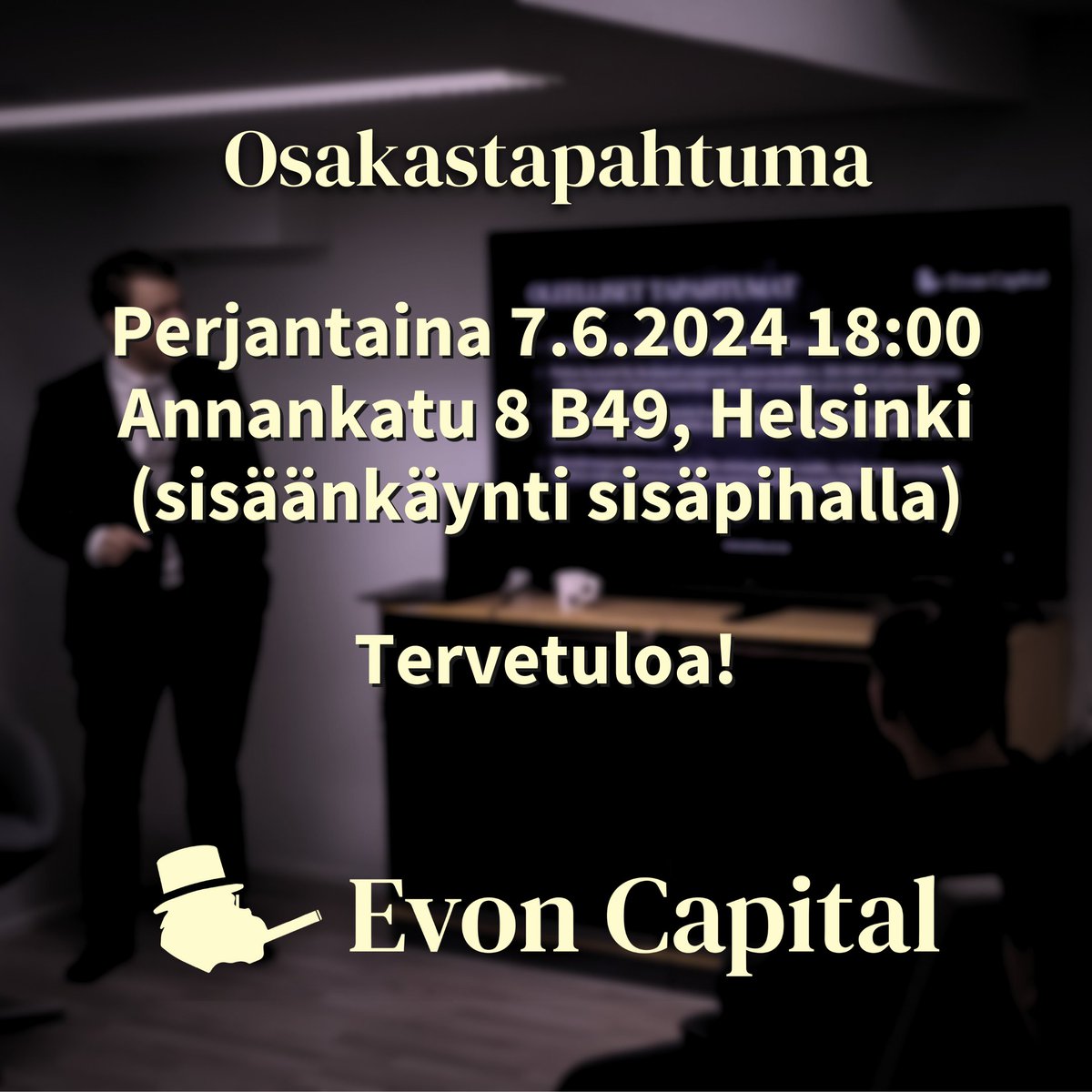 Tervetuloa osakastapahtumaan yhtiökokouksen jälkeen perjantaina 7.6.2024!

🏠 Annankatu 8 b46, Helsinki
⌚ 18:00 alkaen

Hyvä mahdollisuus tutustua yhtiöjohtoon, esittää kysymyksiä ja verkostoitua muiden osakkaiden kanssa!