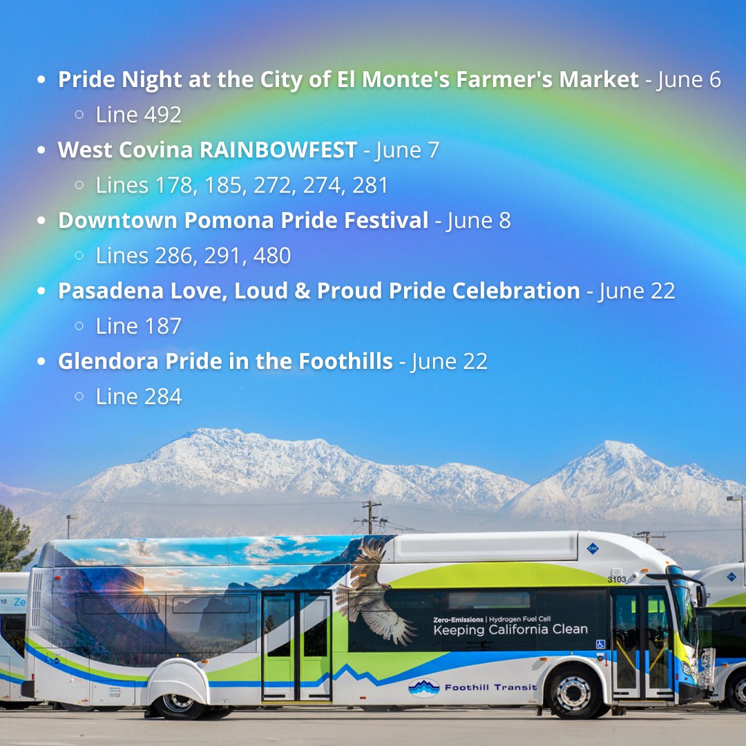 🌈 Happy Pride Month Foothill Transit friends! 🏳️‍🌈 Celebrate diversity, inclusion, and the LGBTQ+ community at pride events all around town! 💙  #RideWithPride #FoothillTransitForAll