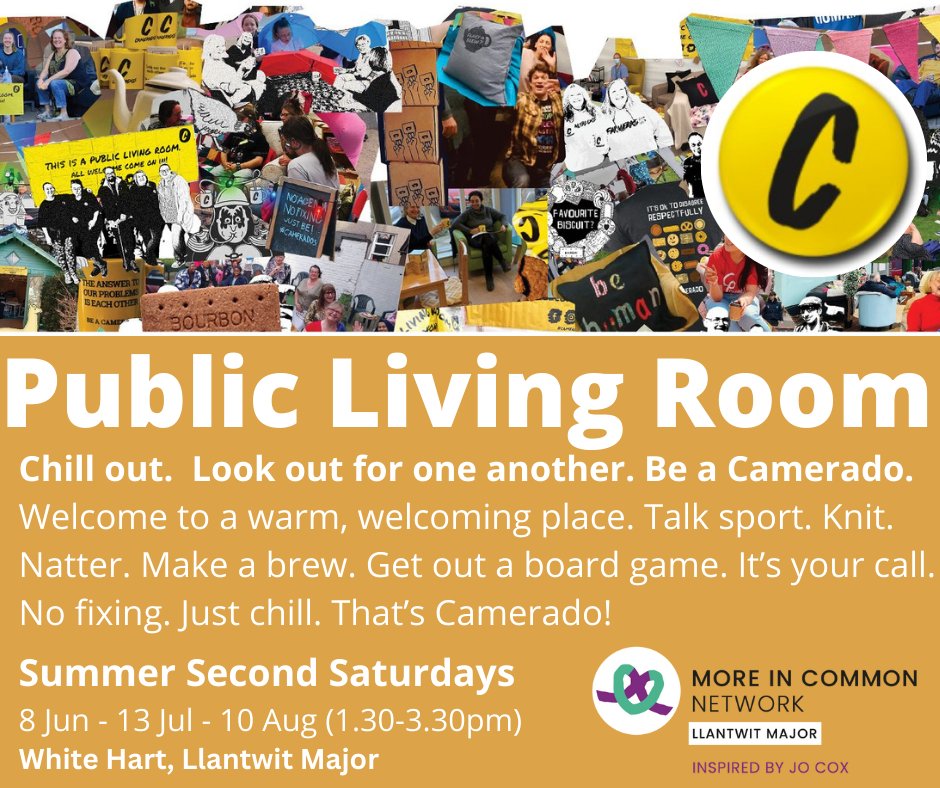 moreincommonll1's tweet photo. Inviting you to your new Public Living Room 🫶
Time to chill, make a brew, talk sport, knit. You decide!
Linking up with @Camerados_org on Second Saturdays this summer ✨
🗓️Sat 8 June, Sat 13 July, Sat 10 Aug
🕰️1.30 - 3.30
Pls RT
#llantwit #moreincommon #GreatGetTogether https://t.co/KJRCcF9ytt