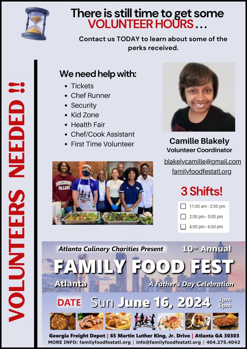Volunteer Opportunities are still available!  Join us at Family Food Fest Atlanta on Father's Day, Sunday, June 16th to assist with our 10th Anniversary celebration.  It is an excellent to serve, meet/greet people and enjoy the event after your shifts.  NOT TOO LATE!