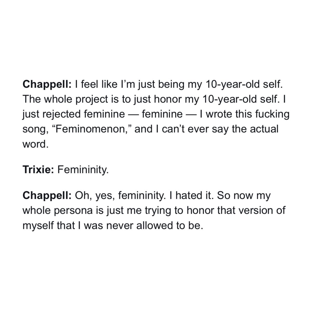 📰| <a href="/ChappellRoan/">Chappell Roan</a> on her drag persona

“My whole persona is just me trying to honor that version of myself that I was never allowed to be.”