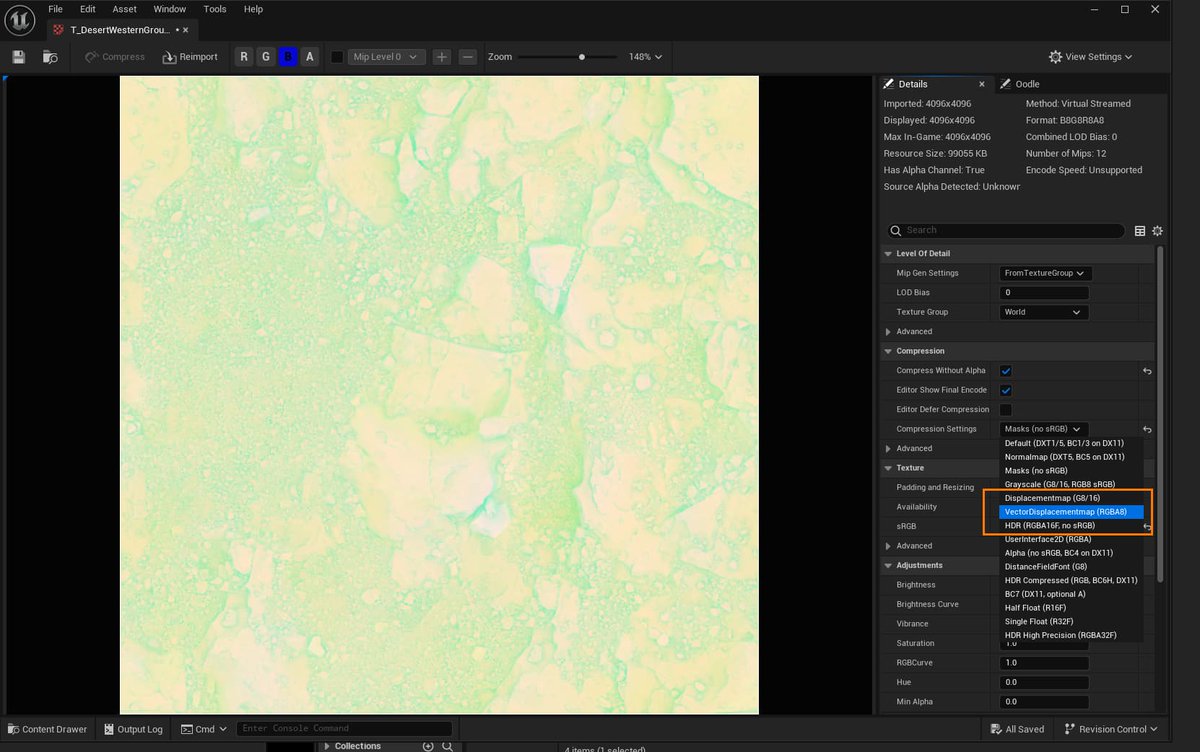 If you're getting artifacts using Nanite tessellation with Megascans textures, try switching the compression settings of the ORD from Masks to VectorDisplacementmap:

#UE5 #UnrealEngine #gamedev #UETips
