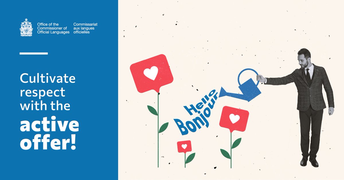 OCOLCanada's tweet photo. A welcome that invites everyone to use their choice of English or French shows our commitment to BOTH of Canada’s #OfficialLanguages. Together, let’s make communications flow freely between our federal institutions and the people they serve. #ActiveOffer https://t.co/tnr7rTfMHF