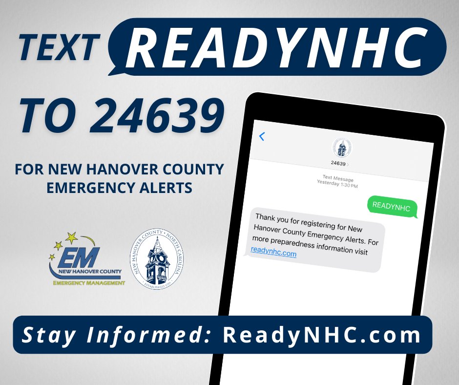 NewHanoverCo's tweet photo. Hurricane season is HERE—Are you #ReadyNHC? Register now for #NHCgov's new emergency alert system so you're ready and informed when an emergency strikes.

📱 Text ReadyNHC to 24639 for emergency alerts in English
➡️ Visit https://t.co/FbcLsVZw5D for more preparedness information https://t.co/9NH6e0NxEl