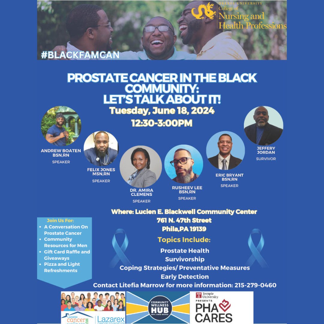 Prostate Cancer in the Black Community | Tuesday, June 18th from 12:30-3:00 pm

Join the conversation on prostate cancer and survivorship, community resources for men, gift card raffle and giveaways, pizza, and light refreshments! #BlackFamCan