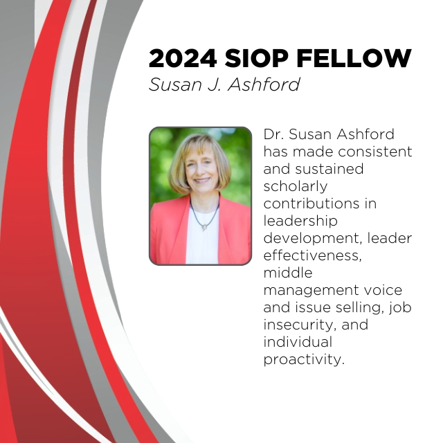 SIOP Fellowship is one of the highest honors a member can receive. In 2024, 30 members received Fellow status.

Join us in recognizing 2024 Fellow Susan J. Ashford.

You can learn more in the 2024 SIOP Salutes: tinyurl.com/prsn6pja.

#IOPsych #SIOPSmarterWorkplace #SIOPSalutes