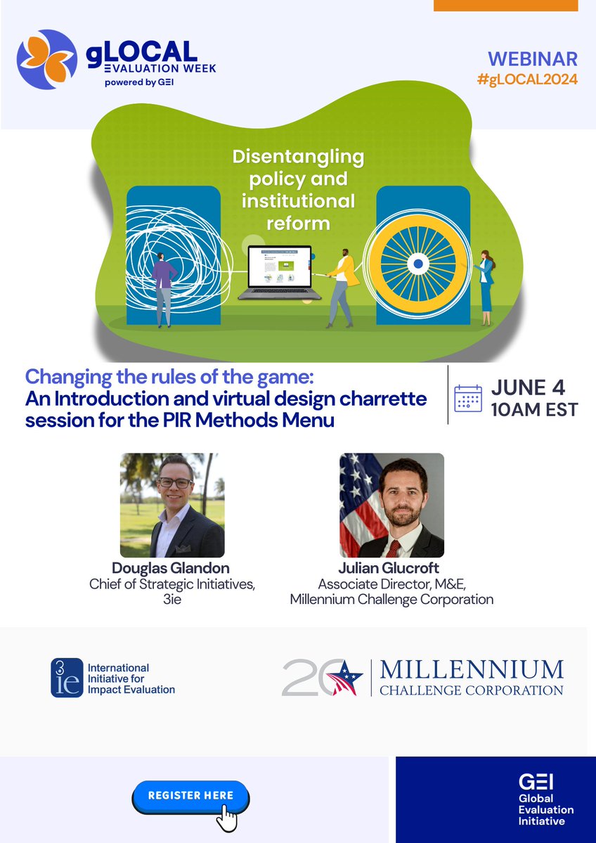 Starting now | #gLOCAL2024 session to interact with our newly developed <a href="/MCCgov/">Millennium Challenge Corporation</a> -3ie #PIRMethods Menu, an open-access tool that helps diverse users select fit-for-purpose #evidence approaches.  
Join here 👇mcc.webex.com/wbxmjs/joinser…
<a href="/jglucroft/">Julian Glucroft</a> <a href="/dmglandon/">Douglas Glandon</a> <a href="/GEI_GlobalEval/">Global Evaluation Initiative</a>