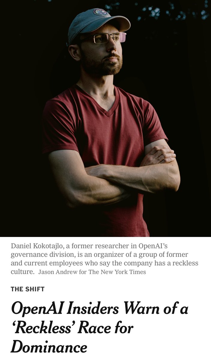 Breaking: a group of current and former OpenAI employees is speaking out about what they say is a culture of recklessness and secrecy at the company. 

They are asking for a “right to warn” for employees of frontier AI labs.