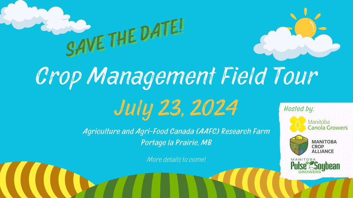 Save the date!

Join us on July 23 for our Crop Management Field Tour, hosted in partnership with <a href="/MbPulseGrowers/">MPSG</a> and <a href="/CanolaGrowers/">Canola Growers</a> at <a href="/AAFC_Canada/">AAFC Canada</a>'s Portage la Prairie Research Farm. 

Registration details and agenda to come!

#cdnag #westcdnag #MbAg #MBFarms