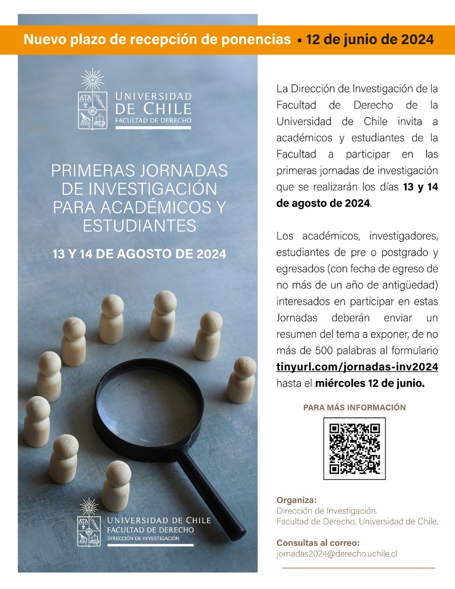 #Convocatoria | Primeras Jornadas de Investigación para Académicos y Estudiantes

📅Recepción de resúmenes al formulario tinyurl.com/jornadas-inv20… hasta el 12 de junio 

✉️Consultas y/o dudas 👉 jornadas2024@derecho.uchile.cl

🔗Revisa los detalles aquí 👉i.mtr.cool/uvaennxhit