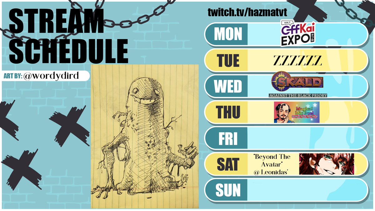 I'm home from Offkai! What a blast!  I'm resting up today, but tomorrow we get back into it!

W: Skald
Th: Magical Mic Duel
S: Beyond the Avatar @ <a href="/leonidasumbra/">Leon</a> 's channel!
Maybe also some guerillas, but nothing else planned currently!