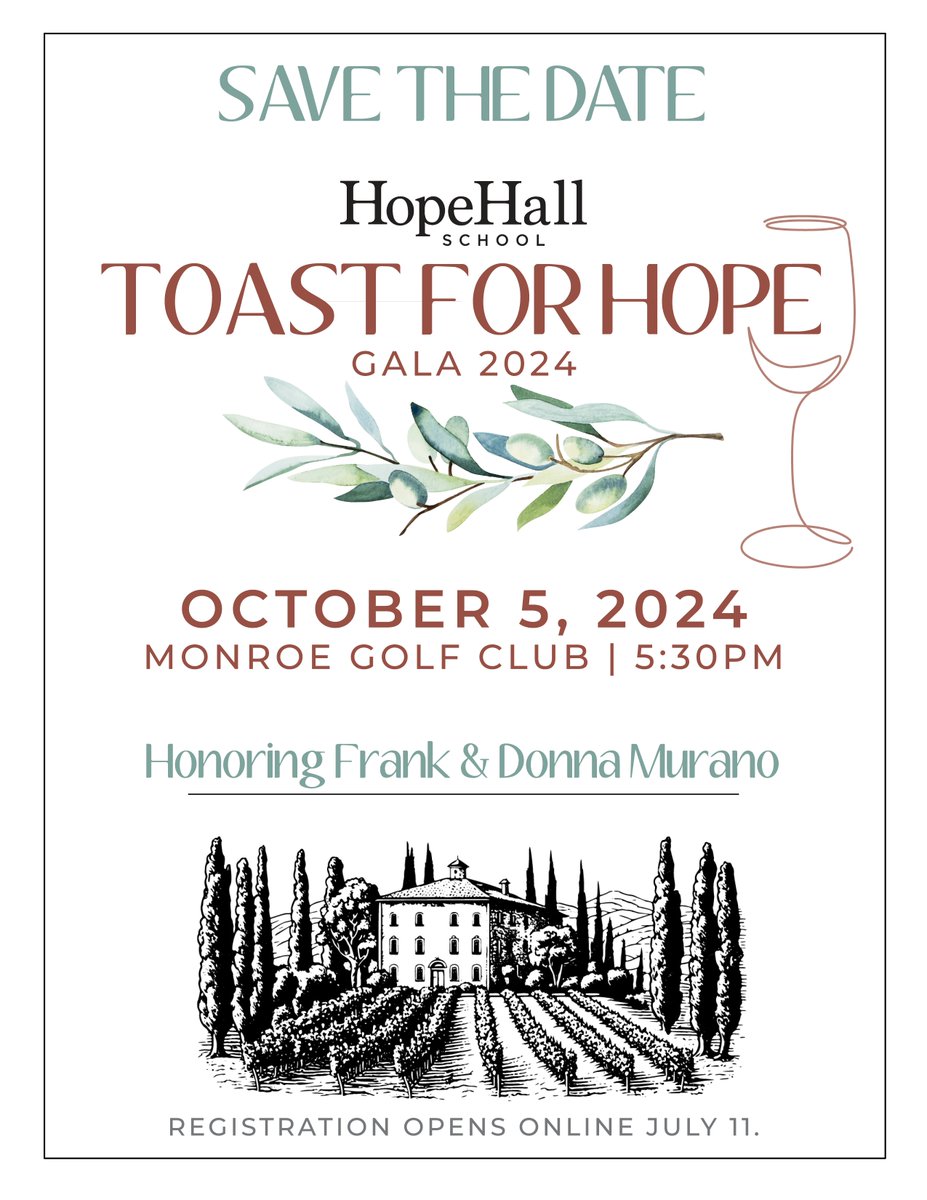 Our annual Toast for Hope Gala will be taking place on Saturday October 5th at Monroe Golf Club. Registration opens 7/11, but you can lock in a sponsorship today! Space will be limited.  hopehall.org/toastforhope/