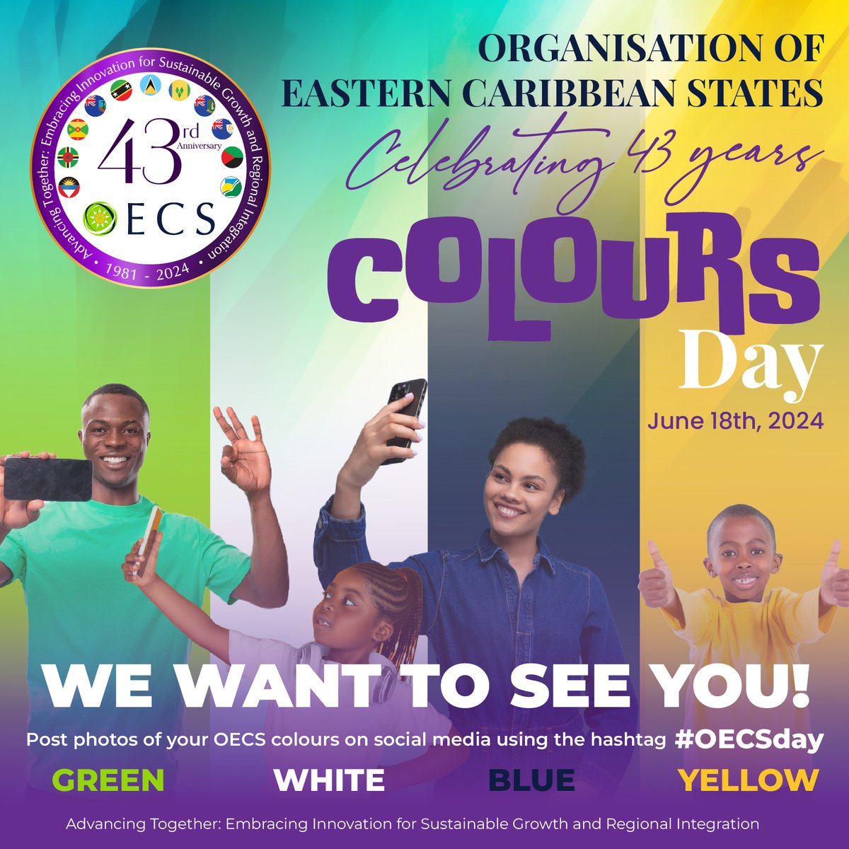 oecscommission's tweet photo. 🎨 Join us on June 18th for #OECS Colours Day by wearing green, white, navy blue, and yellow as we celebrate unity, diversity, and strength in togetherness. #OECS43 #OECSDay https://t.co/SHc9CyKmfj