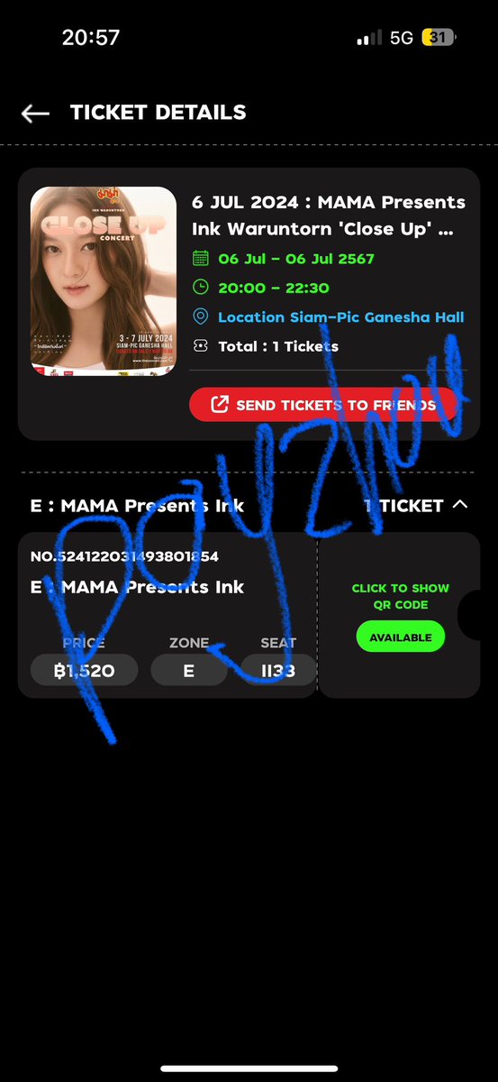 poy_zhou's tweet photo. ปล่อยบัตรคอนคูมอิ้ง 
คอนวันเสาร์ที่ 6 กค โซน E ที่นั่ง II33 ค่ะ
ส่งต่อ 1,520 บาท ตามหน้าบัตร ไม่บวกเพิ่มค่ะ

สนใจ dm หรือรีพลายได้เลยค่ะ
#InkWaruntornCloseUpConcert
#CloseUpConcert #InkWaruntorn https://t.co/d4Q3axyQqp