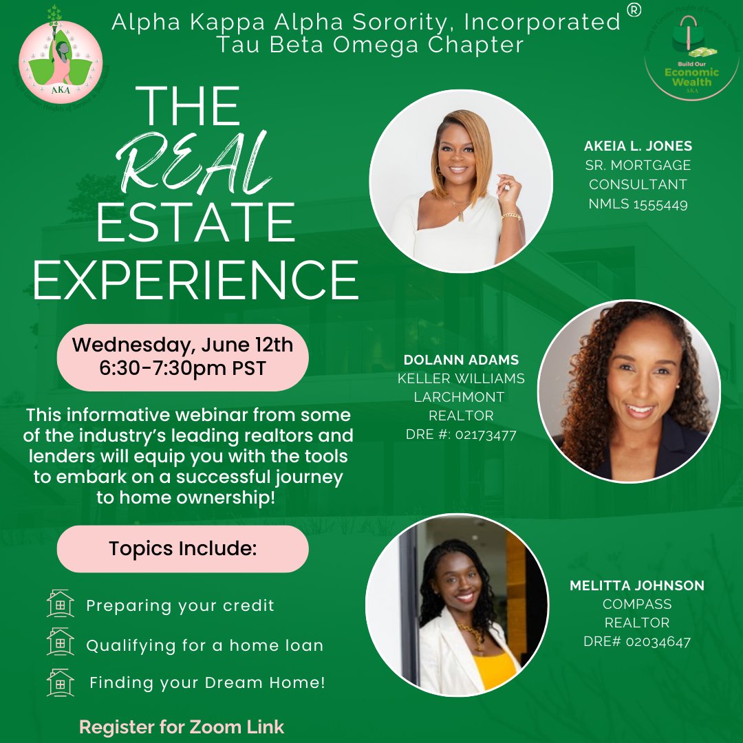Join us on Wednesday, June 12th at 6:30pm PDT for an extremely informative webinar on the home buying process. These real estate experts will cover many topics, from preparing your credit to closing your dream home! 
Click the link in our bio to register 
#BuildOurEconomicWealth