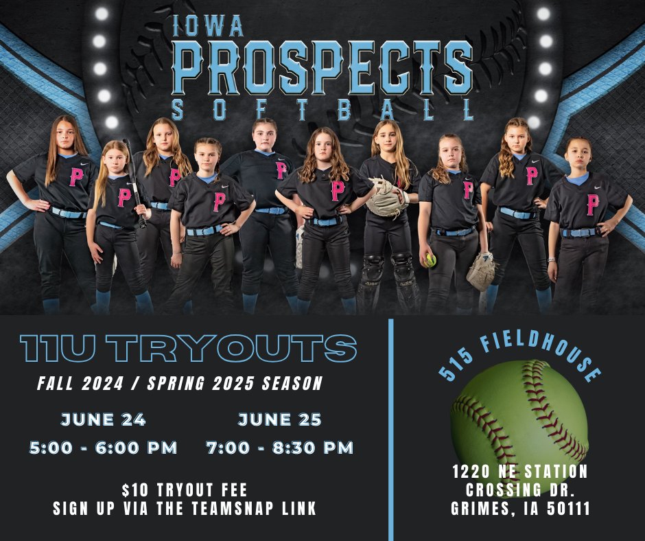 Registration is now open for 11u softball 2024/25 Season. Come showcase your skills and join Iowa's premier softball program, the Iowa Prospects.

Check out the registration page for information. See you there!

registration.teamsnap.com/form/8191