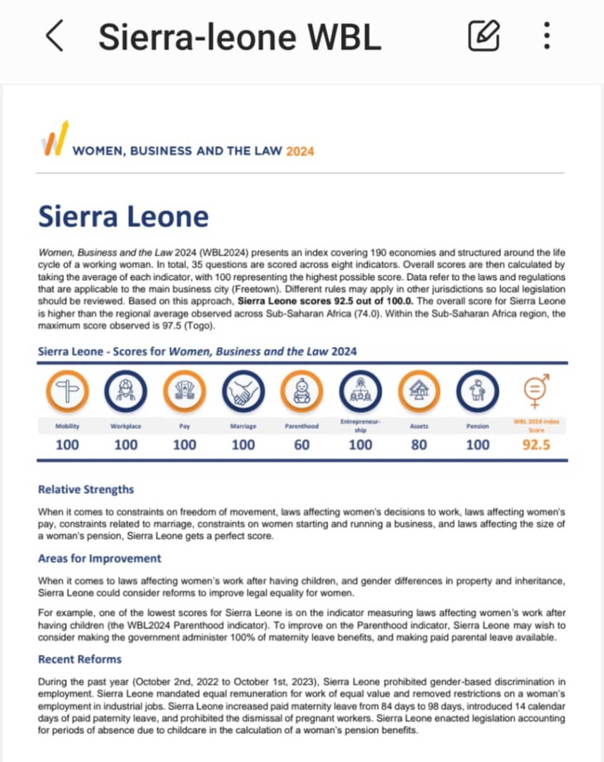 Sierra Leone scores 92.5% out of 100% on the World Bank's Women, Business &amp; the Law indicator. We moved from 72.5% in 2022 to 92.5% in 2024. #GEWE Act enacted in 2022 and signed into law 2023.
