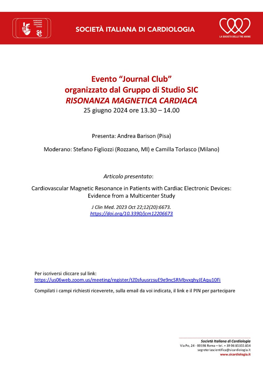 Il Journal club del GdS RISONANZA MAGNETICA CARDIACA 

si terrà il prossimo 25 GIUGNO ore 13.30-14.00 
 
Di seguito il link per iscriversi:
 
us06web.zoom.us/meeting/regist…