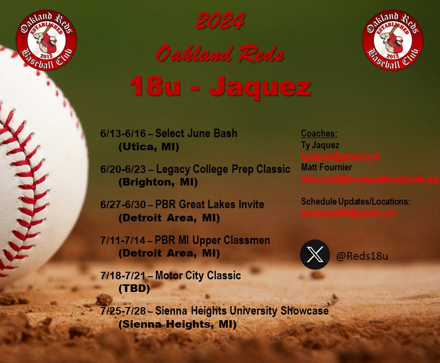 Oakland Reds 18u (2024/2025) (@reds18u) on Twitter photo Preliminary 2024 Summer Schedule Preliminary 2024 Summer Schedule