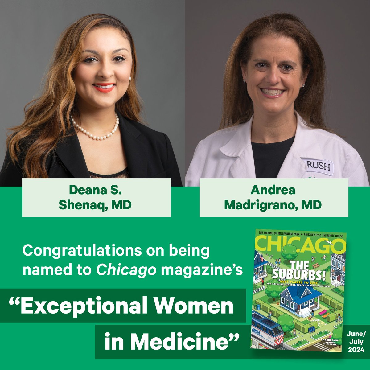 Rush Department of Surgery (@rushsurgery) on Twitter photo Congratulations to Deana Shenaq, MD, and Andrea Madrigrano, MD — named one of <a href="/ChicagoMag/">Chicago magazine</a>'s "Exceptional Women in Medicine" — and to all of our <a href="/RushMedical/">Rush University System for Health</a> colleagues named to this list. Congratulations to Deana Shenaq, MD, and Andrea Madrigrano, MD — named one of <a href="/ChicagoMag/">Chicago magazine</a>'s "Exceptional Women in Medicine" — and to all of our <a href="/RushMedical/">Rush University System for Health</a> colleagues named to this list.