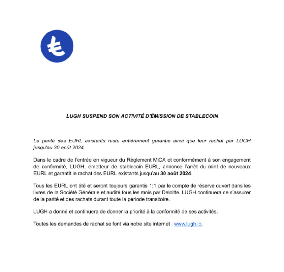 📢 Annonce : 

MiCA : Lugh suspend son activité d’émission de stablecoin