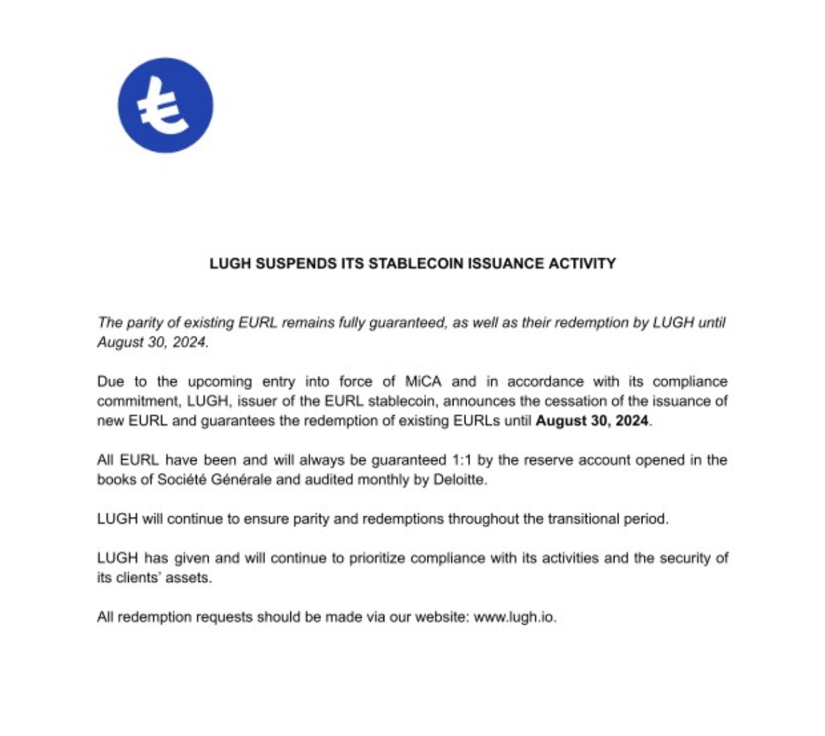 📢Announcement : 

MiCA : Lugh suspend its stablecoin issuance activity
