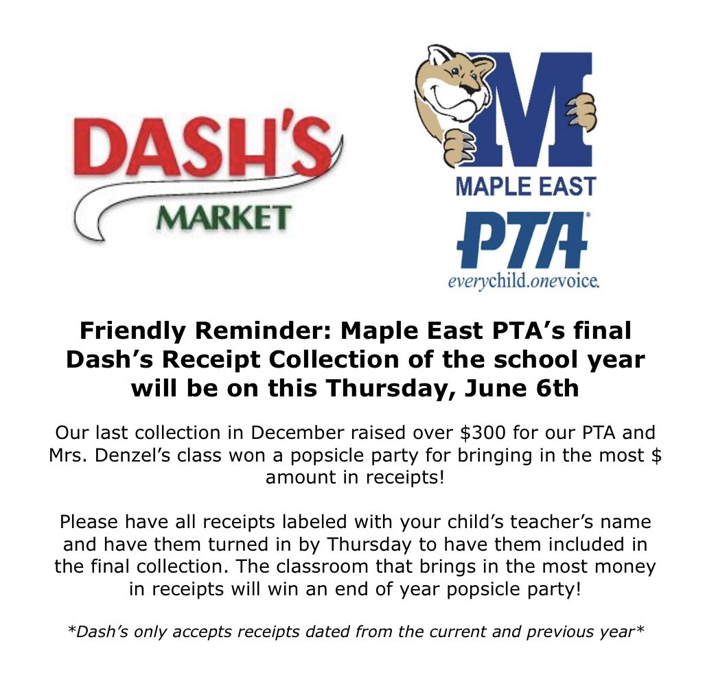 MaplePta's tweet photo. Attention ME families!! See below about our second Dash’s Collection! Please turn in your receipts by Thursday June 6th 😁😁😁 https://t.co/sxl0OcRqXe
