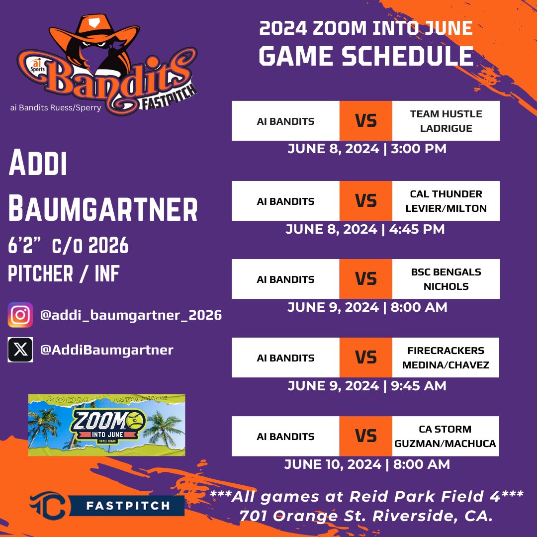 #ZoomIntoJune showcase schedule. 🧡💜🥎
<a href="/aibanditsbreer/">ai Bandits Breer</a> <a href="/ReportBrooks/">Brooks Scouting Report</a> <a href="/CoastRecruits/">Coast 2 Coast Recruits</a> <a href="/ExtraInningSB/">EXTRA INNING SOFTBALL</a> <a href="/EastlakeFP/">Eastlake High School Wolves Fastpitch</a> <a href="/TCSFastpitch/">TC Fastpitch</a> <a href="/TopPreps/">247 College Sports News Recruiting Top Preps on X</a> <a href="/PG_Softball/">Perfect Game Softball</a> <a href="/Softball_Home/">Softball Home🥎</a> <a href="/LegacyLegendsS1/">Legacy & Legends Softball</a> <a href="/MaxPreps/">MaxPreps</a> <a href="/SoftballNW_/">Softball Northwest</a> <a href="/ondecksoftball/">OnDeck Softball 🥎</a> <a href="/UncommittedUTR/">Under The Radar 𝕏</a> <a href="/triplecrownspts/">Triple Crown Sports</a> <a href="/TCSFastpitch/">TC Fastpitch</a> <a href="/SBLiveWA/">Washington High School On SI</a>