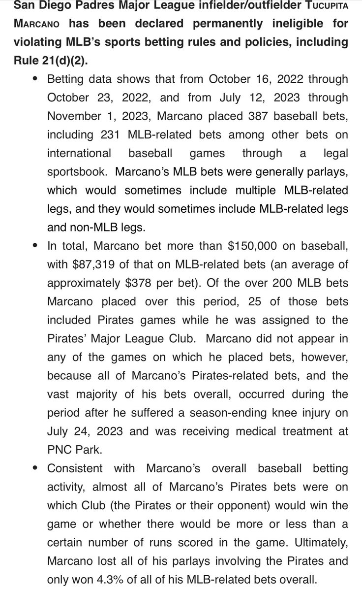 AlexJStumpf's tweet photo. Former Pirate Tucupita Marcano has been ruled permanently ineligible for violating MLB’s sports betting rules and policies. From Major League Baseball: https://t.co/qgxT4FLm2n