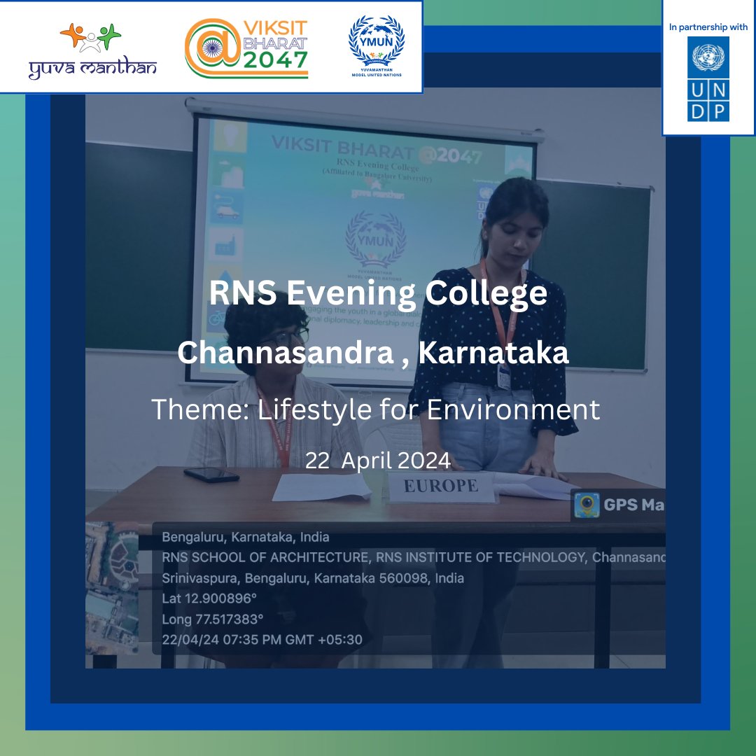Yuvamanthan_org's tweet photo. RNS Evening College proudly hosts Yuvamanthan MUN with @UNDP_India, fostering discussions on sustainable lifestyles for the environment. Join us in embracing eco-friendly practices to a Viksit Bharat@2047 as envisioned by our Prime Minister @narendramodi. #ViksitBharat2047 #YMUN" https://t.co/Wkt2UJLO9H