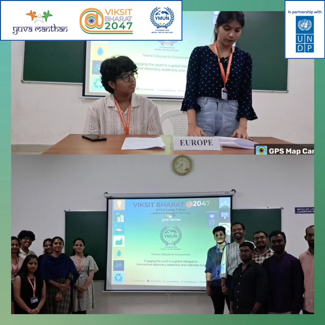 Yuvamanthan_org's tweet photo. RNS Evening College proudly hosts Yuvamanthan MUN with @UNDP_India, fostering discussions on sustainable lifestyles for the environment. Join us in embracing eco-friendly practices to a Viksit Bharat@2047 as envisioned by our Prime Minister @narendramodi. #ViksitBharat2047 #YMUN" https://t.co/Wkt2UJLO9H